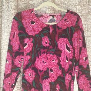 Talbots pink floral button front cardigan light weight sweater womens size L
